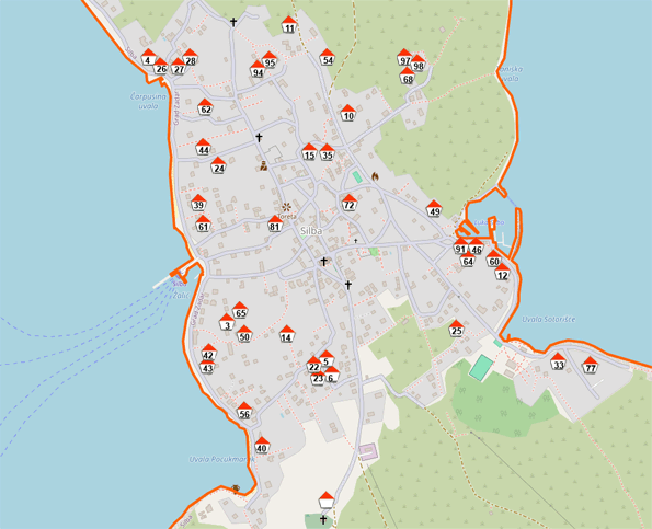 Map of Silba village showing the location of every apartment, house and room